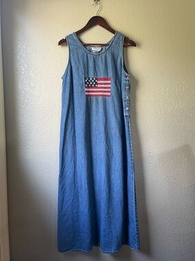 Vintage 90s Denim Embroidered Flag Jumper Dress Large Teacher USA Holiday Modest